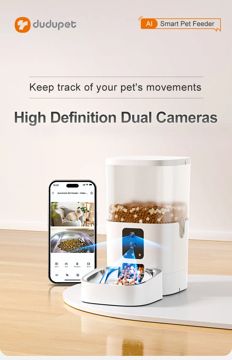 Smart Ai Pet Recognition Automatic Cat Food Feeder With Two Cameras Remote Feeding 6L Dog Food Dispenser