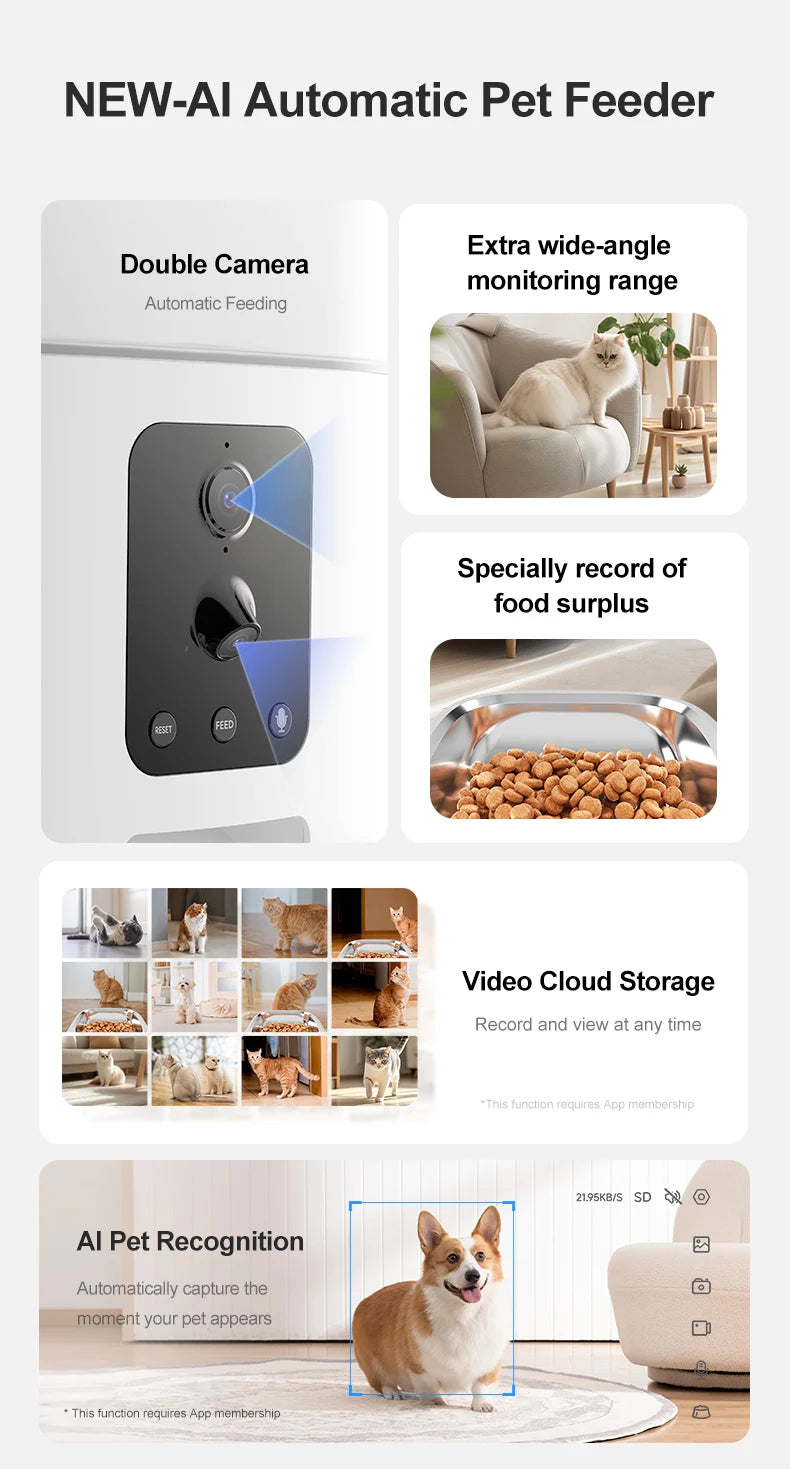 Smart Ai Pet Recognition Automatic Cat Food Feeder With Two Cameras Remote Feeding 6L Dog Food Dispenser