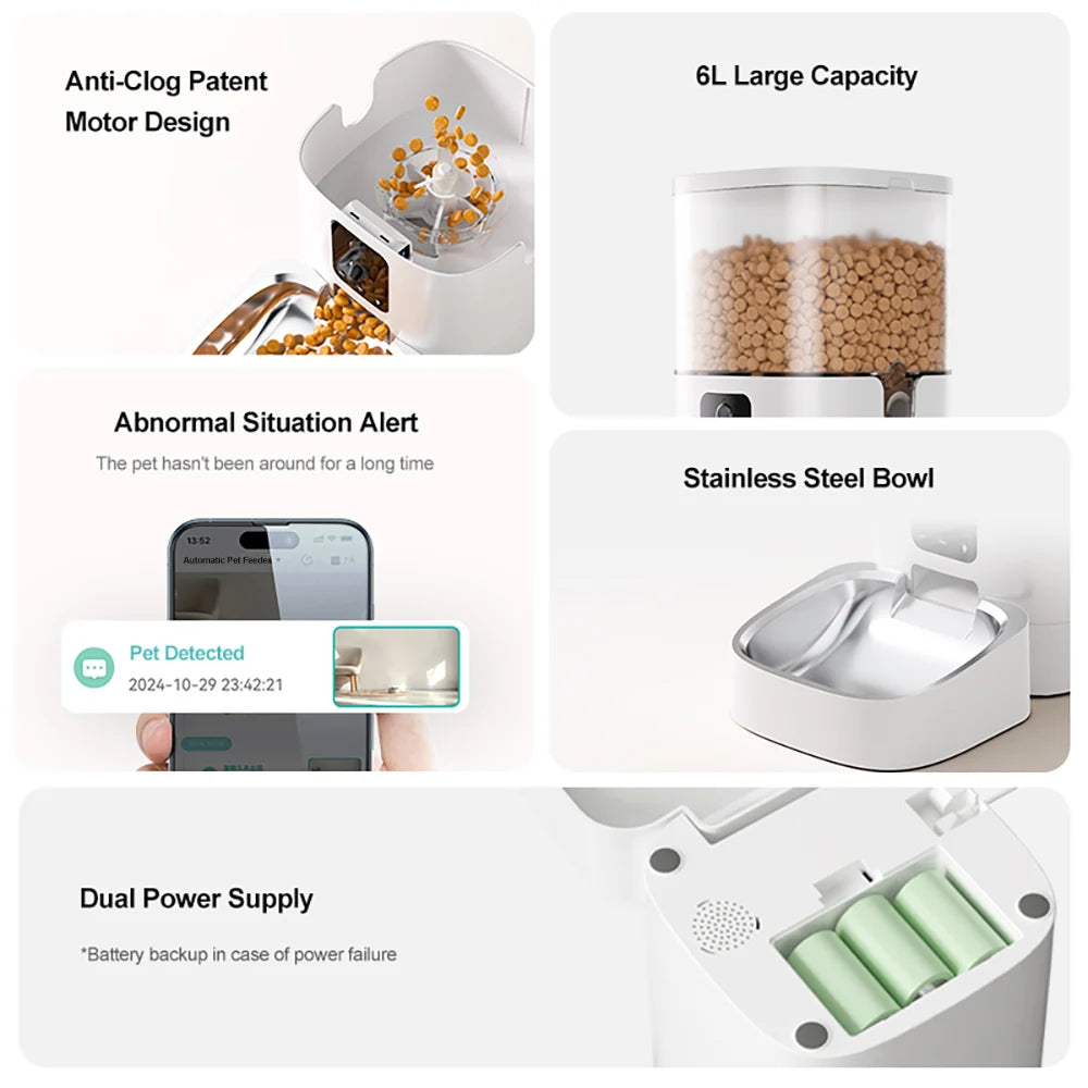 Smart Ai Pet Recognition Automatic Cat Food Feeder With Two Cameras Remote Feeding 6L Dog Food Dispenser